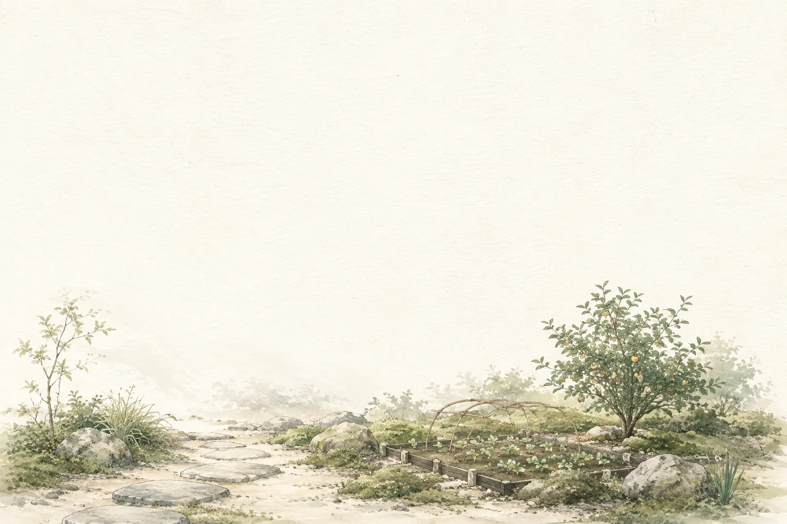 手入れされた小さな庭の遠景。飛び石と苗床と実をつけた低木の水彩イラスト