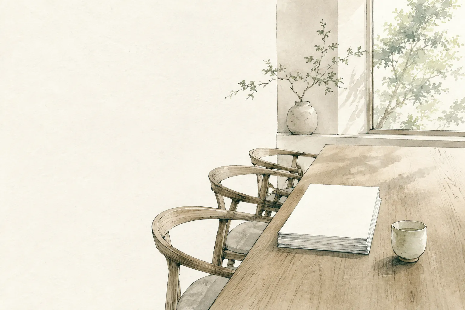 講義のあとの机に残る資料と湯呑みの水彩イラスト